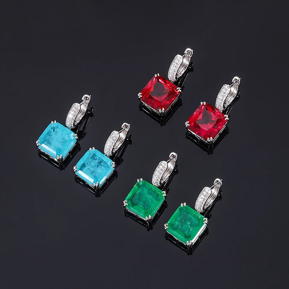Dazzle Dime Vintage 925 Sterling Silver Emerald, Ruby, and Paraiba Tourmaline Drop Clip Earrings – 12x12mm