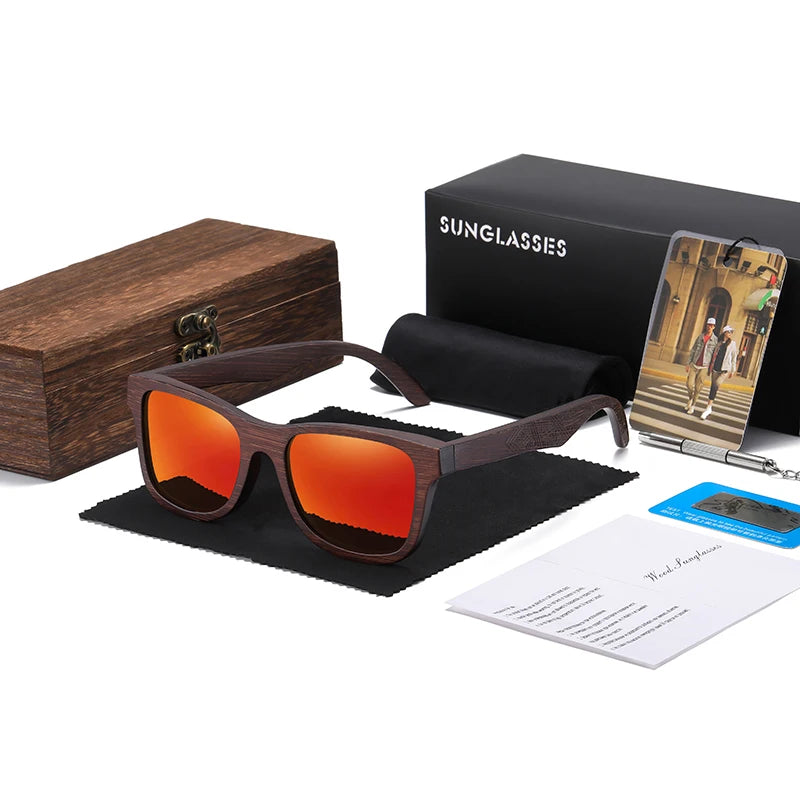 Handmade Natural Bamboo Wooden Polarized Sunglasses with Mirror-Coating Lenses & UV400 Protection