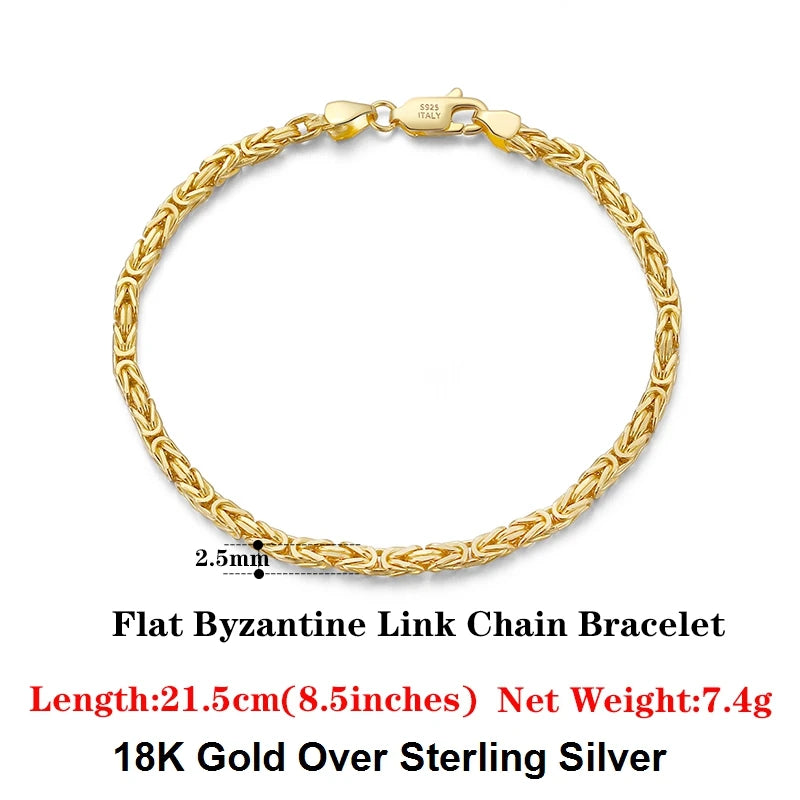 Luxury 925 Sterling Silver Italian 2.5mm Flat Byzantine Link Chain Bracelet for Women