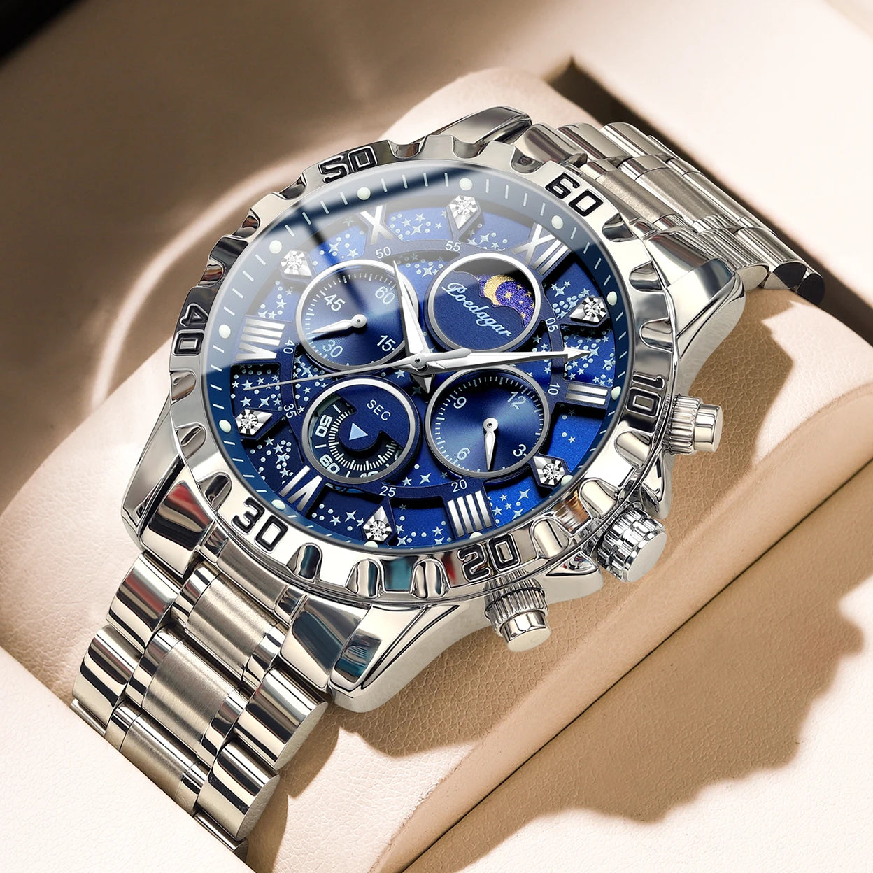 Luxury Quartz Sports Watch for Men | Waterproof Luminous Stainless Steel Chronograph by POEDAGAR