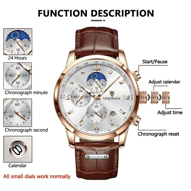 Men's Luxury Leather Sport Chronograph | Waterproof Military Quartz Wristwatch by LIGE