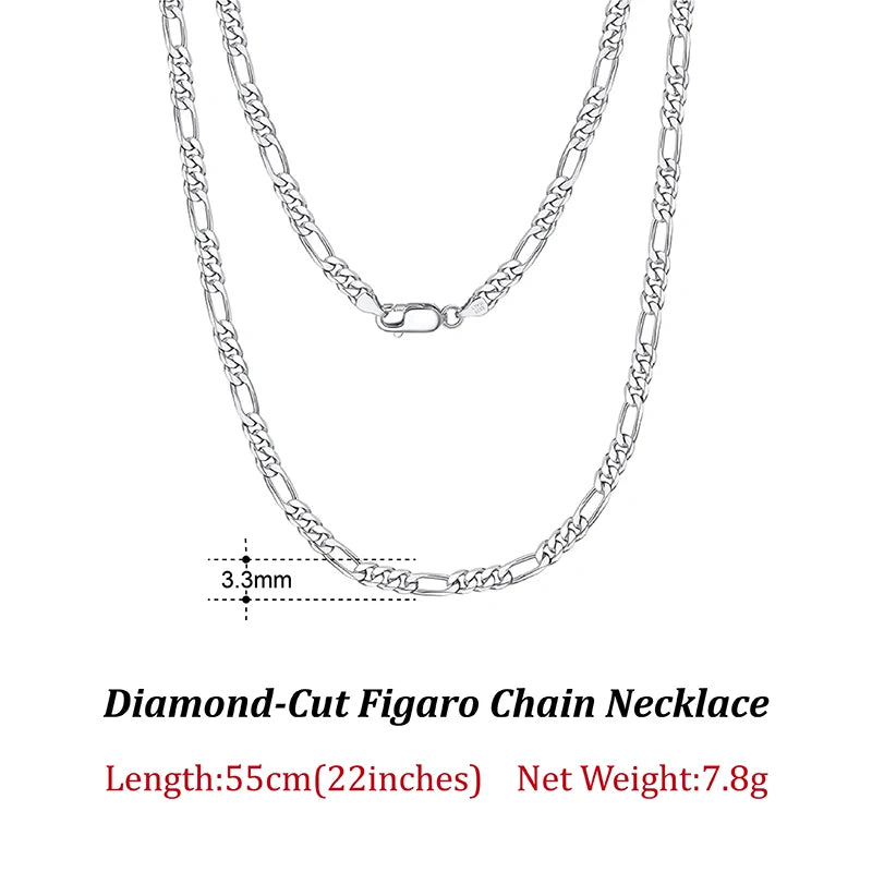 Dazzle Dime® 925 Sterling Silver Figaro Chain Necklace for Men & Women – 3.3mm/5mm/7mm | Rhodium/Gold Plated | Trendy Statement Jewelry