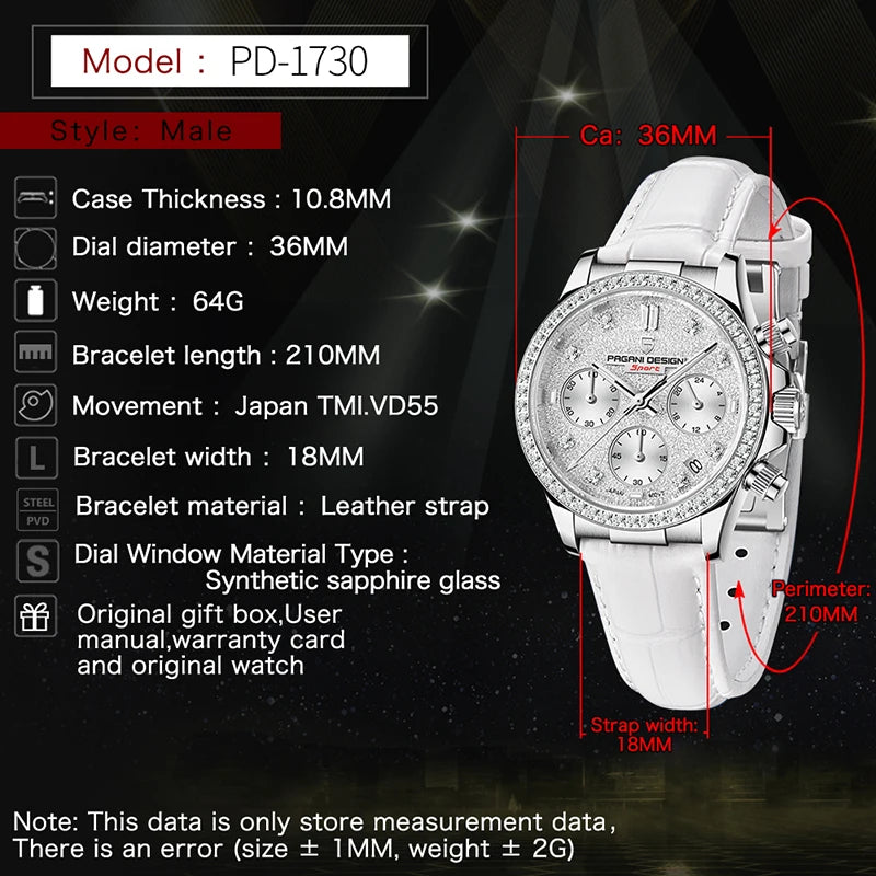 Women's Quartz Wrist Watch Sapphire Stainless Steel Noble Chronograph Relogio Feminino PD1730
