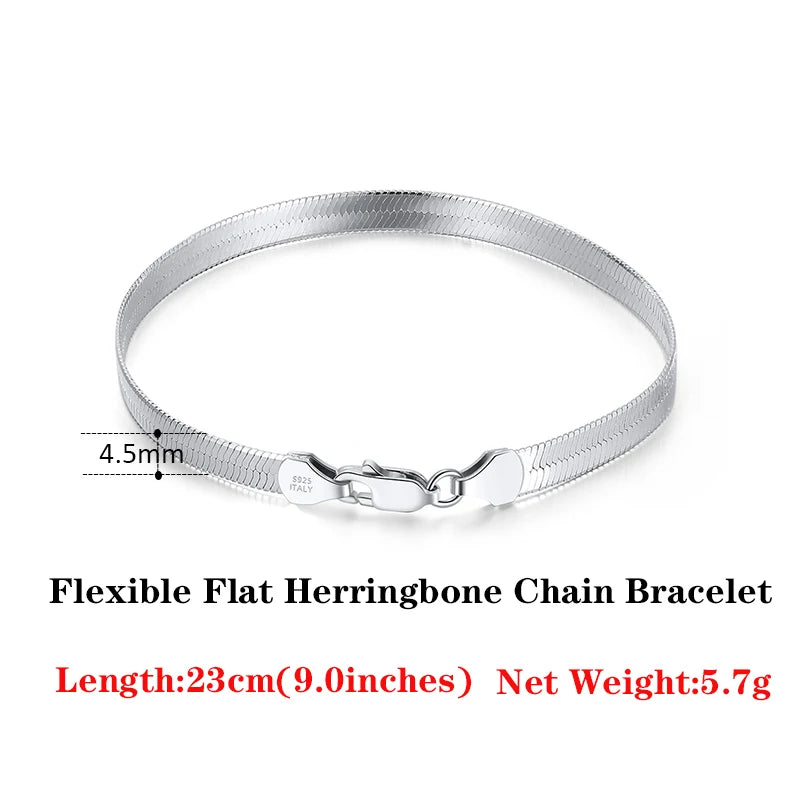 18K Gold Plated 925 Sterling Silver Italian 4.5mm Flexible Flat Herringbone Chain Bracelet