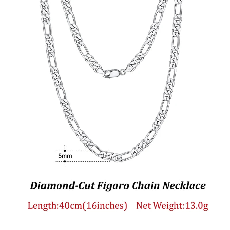 Dazzle Dime® 925 Sterling Silver Figaro Chain Necklace for Men & Women – 3.3mm/5mm/7mm | Rhodium/Gold Plated | Trendy Statement Jewelry