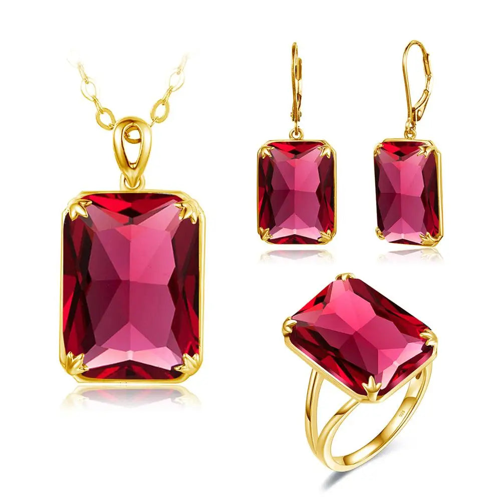 Dazzle Dime® Vintage Ruby Jewelry Set – 925 Sterling Silver Gold-Plated Necklace, Earrings, and Ring