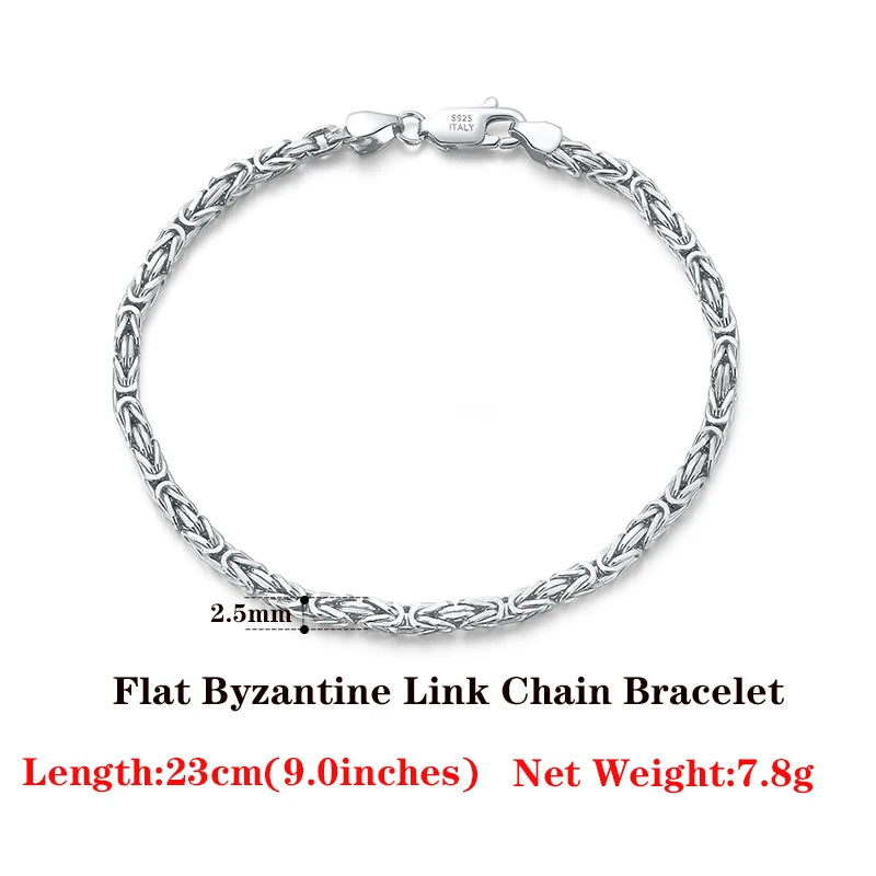 Luxury 925 Sterling Silver Italian 2.5mm Flat Byzantine Link Chain Bracelet for Women