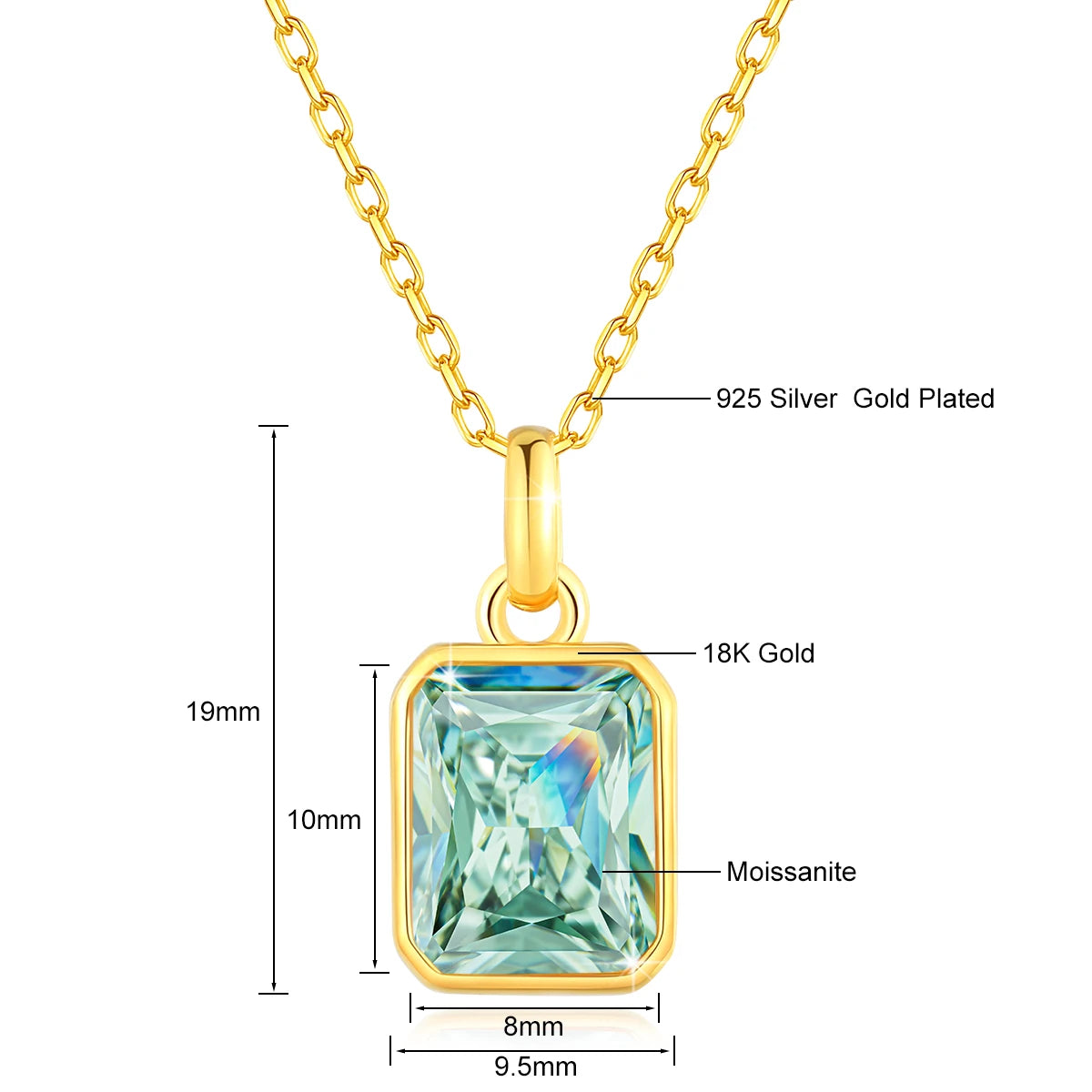 Dazzle Dime® 18K Solid Gold Moissanite Pendant Necklace | 8x10mm Colored Gemstone | Fine Jewelry for Women | Anniversary & Valentine’s Day Gift