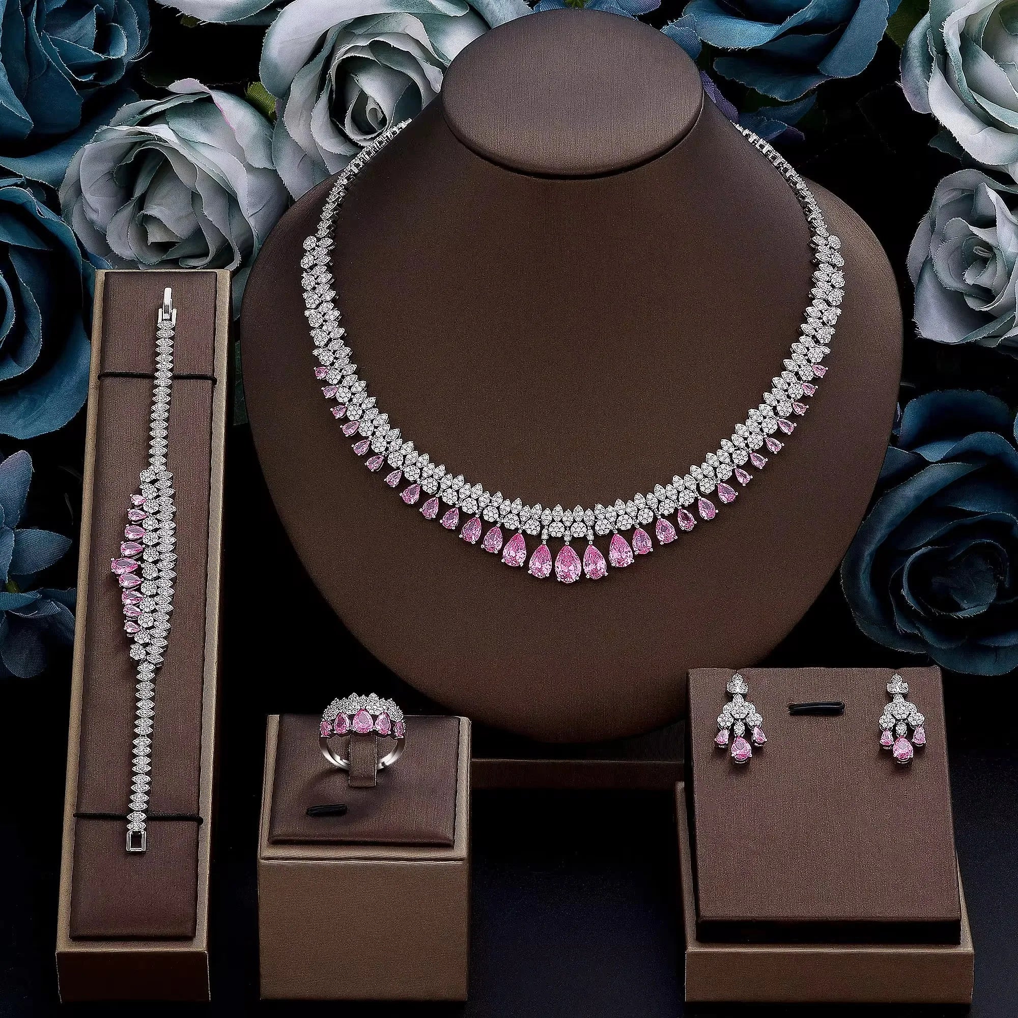 Brides Accessories Tassel Water Drop Necklace Earring - Luxury White Cubic Zirconia Bridal Jewelry Set 4Pcs Set for Wedding Party