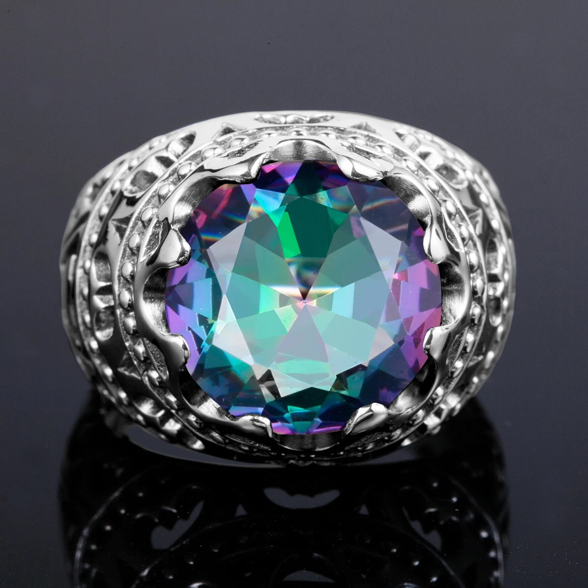 Dazzle Dime® Vintage Mystic Topaz Ring for Men | Genuine 925 Sterling Silver Round Cut Gemstone