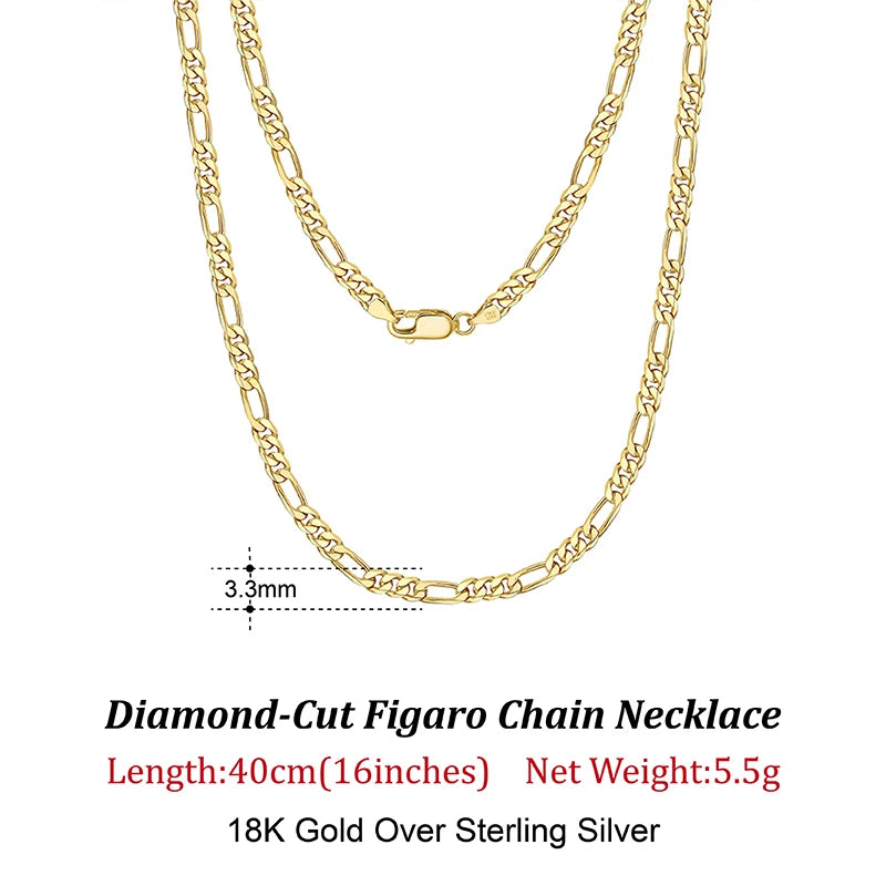 Dazzle Dime® 925 Sterling Silver Figaro Chain Necklace for Men & Women – 3.3mm/5mm/7mm | Rhodium/Gold Plated | Trendy Statement Jewelry