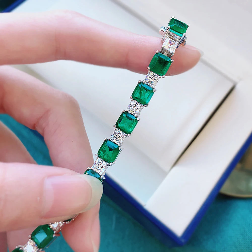 Women's 925 Sterling Silver Emerald or Ruby Bracelet – High-Carbon Diamond Accents, 16-18cm, Fine Jewelry for Special Occasions