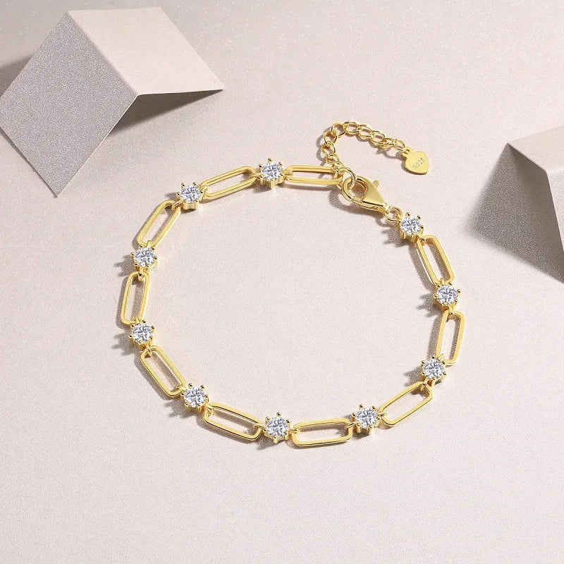 S925 Silver 4mm Moissanite Yellow Gold Chain Charm Bracelet | Women’s Party Gift