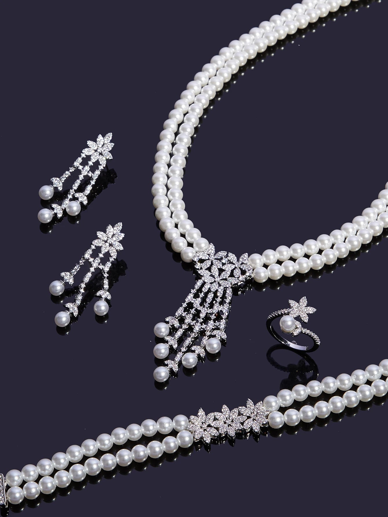 Pearl Tassel & Full Zircon Bridal Jewelry Set – Trendy Dubai-Inspired Necklace, Earrings, Bracelet & Ring for Women | Wedding & Party Gift