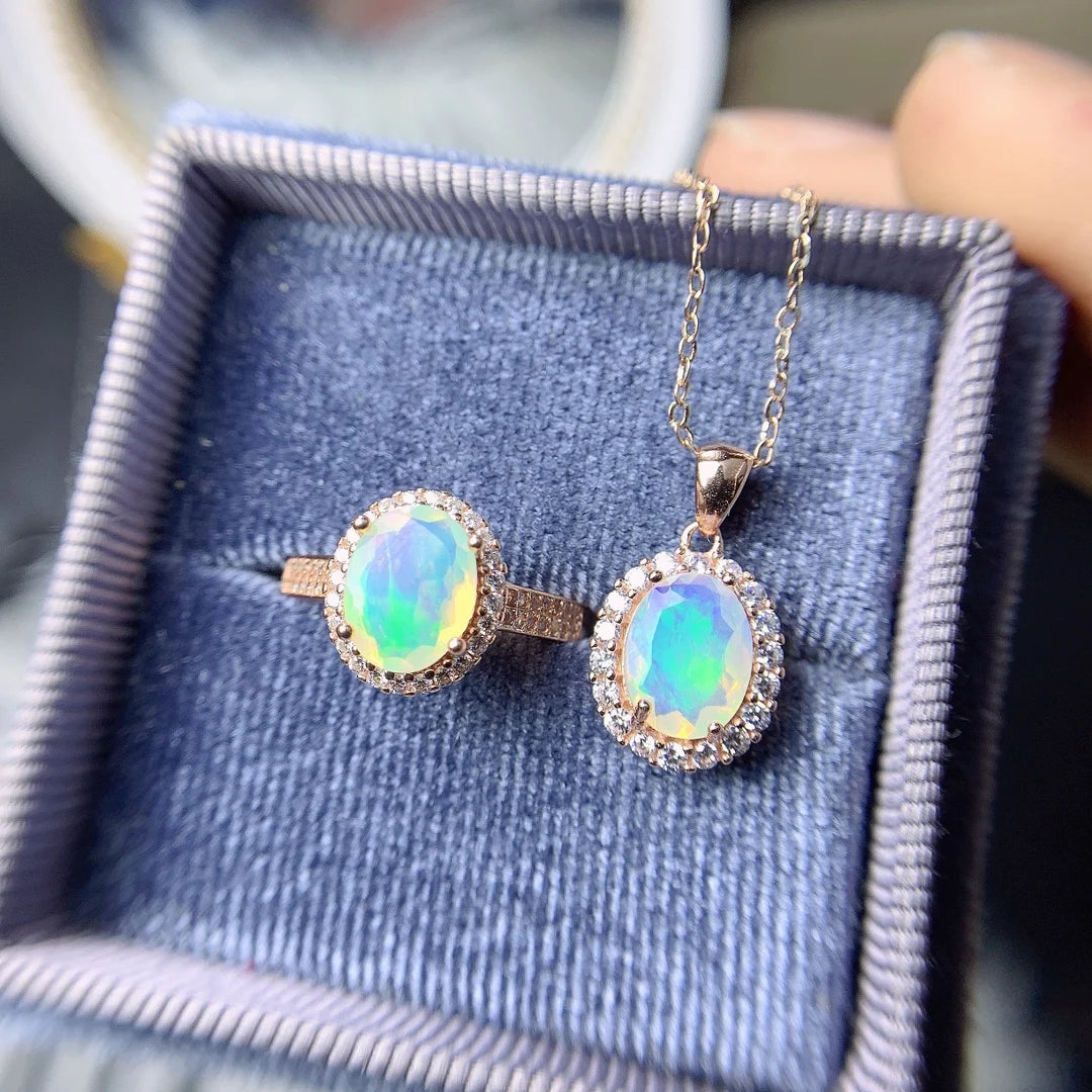 Dazzle Dime® Genuine Ethiopian Opal Jewelry Set | 925 Sterling Silver Ring & Pendant