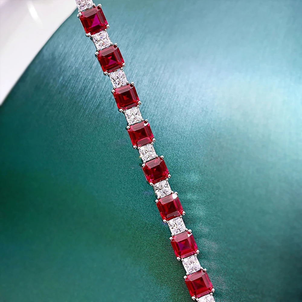 Women's 925 Sterling Silver Emerald or Ruby Bracelet – High-Carbon Diamond Accents, 16-18cm, Fine Jewelry for Special Occasions