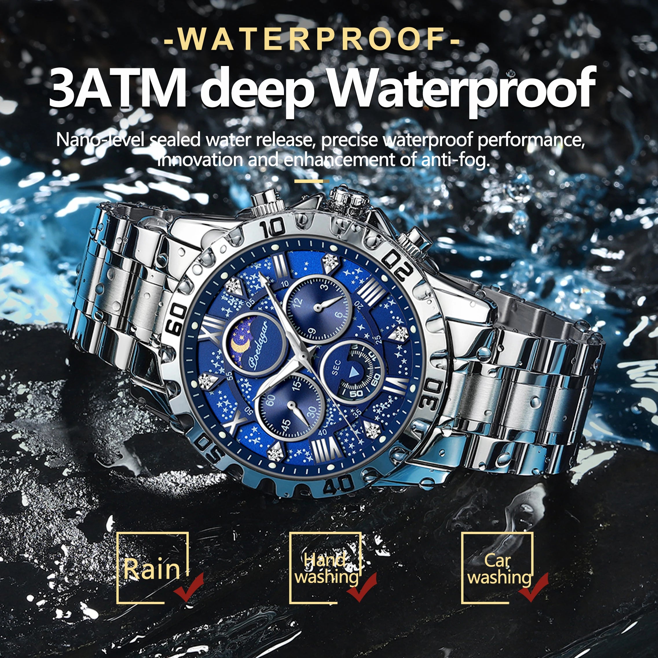 Luxury Quartz Sports Watch for Men | Waterproof Luminous Stainless Steel Chronograph by POEDAGAR