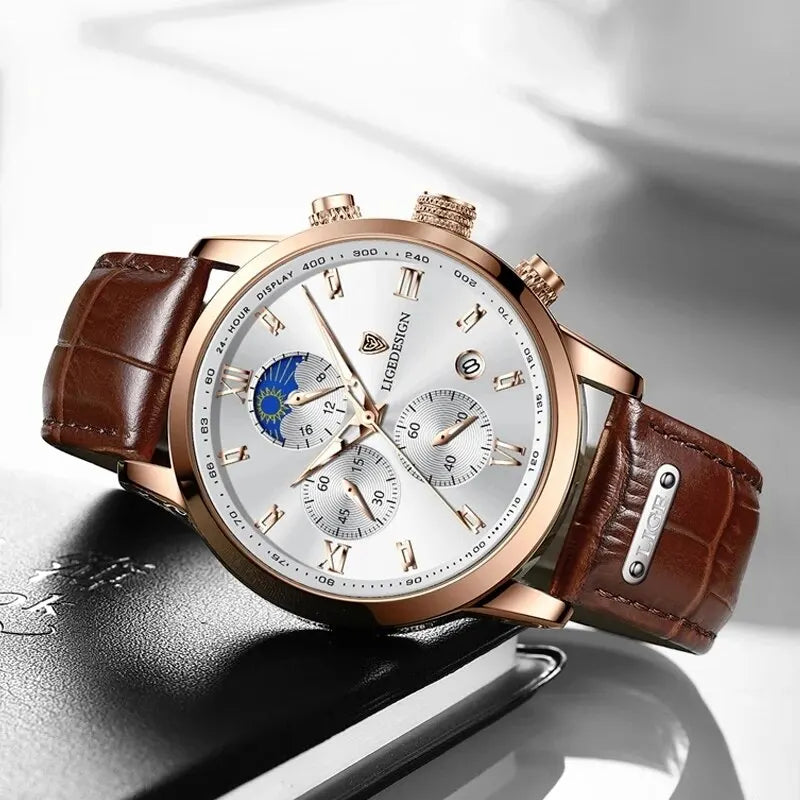 Men's Luxury Leather Sport Chronograph | Waterproof Military Quartz Wristwatch by LIGE