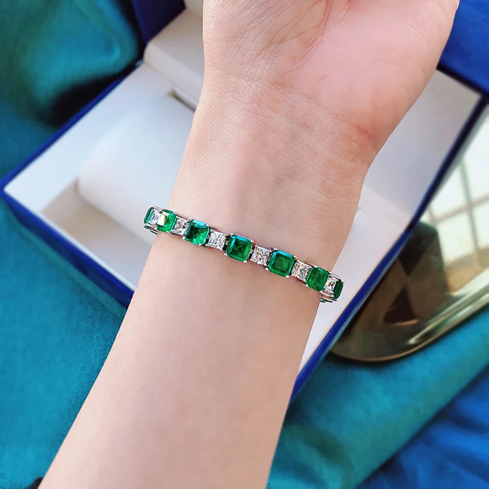Women's 925 Sterling Silver Emerald or Ruby Bracelet – High-Carbon Diamond Accents, 16-18cm, Fine Jewelry for Special Occasions
