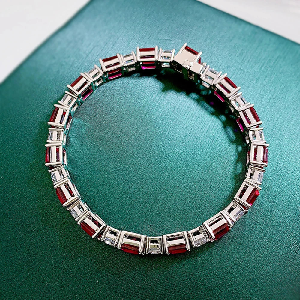 Women's 925 Sterling Silver Emerald or Ruby Bracelet – High-Carbon Diamond Accents, 16-18cm, Fine Jewelry for Special Occasions