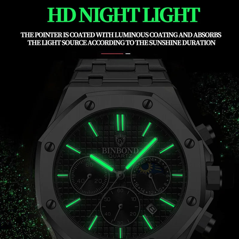 Luxury Stainless Steel Business Watch for Men | Waterproof Quartz Wrist Watch with Date Function Made by BINBOND