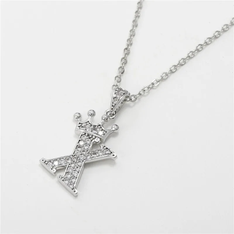 Crown Moissanite Alphabet Pendant Necklace – 925 Sterling Silver A-Z Initials with Gold Plating