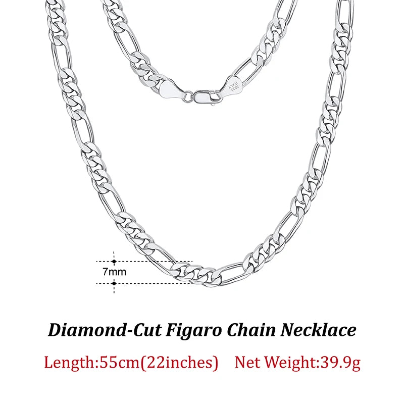 Dazzle Dime® 925 Sterling Silver Figaro Chain Necklace for Men & Women – 3.3mm/5mm/7mm | Rhodium/Gold Plated | Trendy Statement Jewelry