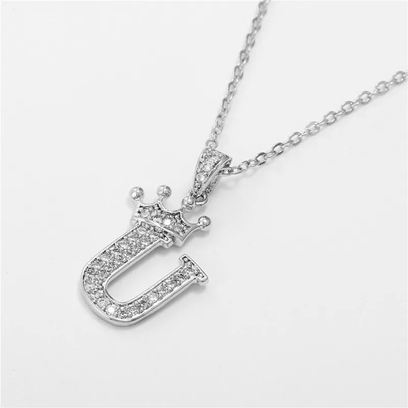 Crown Moissanite Alphabet Pendant Necklace – 925 Sterling Silver A-Z Initials with Gold Plating