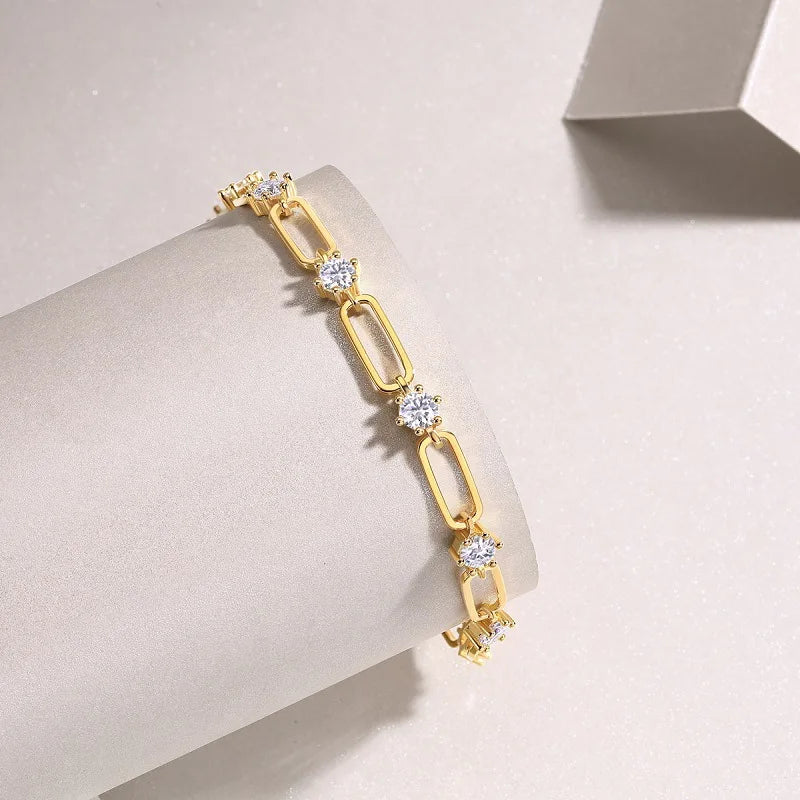 S925 Silver 4mm Moissanite Yellow Gold Chain Charm Bracelet | Women’s Party Gift