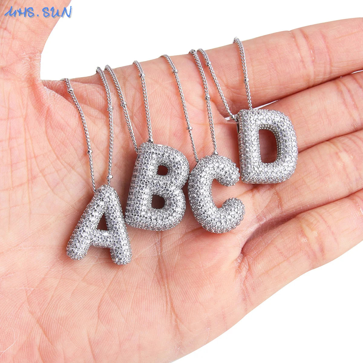 925 Sterling Silver Bubble Initial Necklace – A-Z Balloon Pendant with VVS1 D Color Moissanite, 18K White Gold Plated