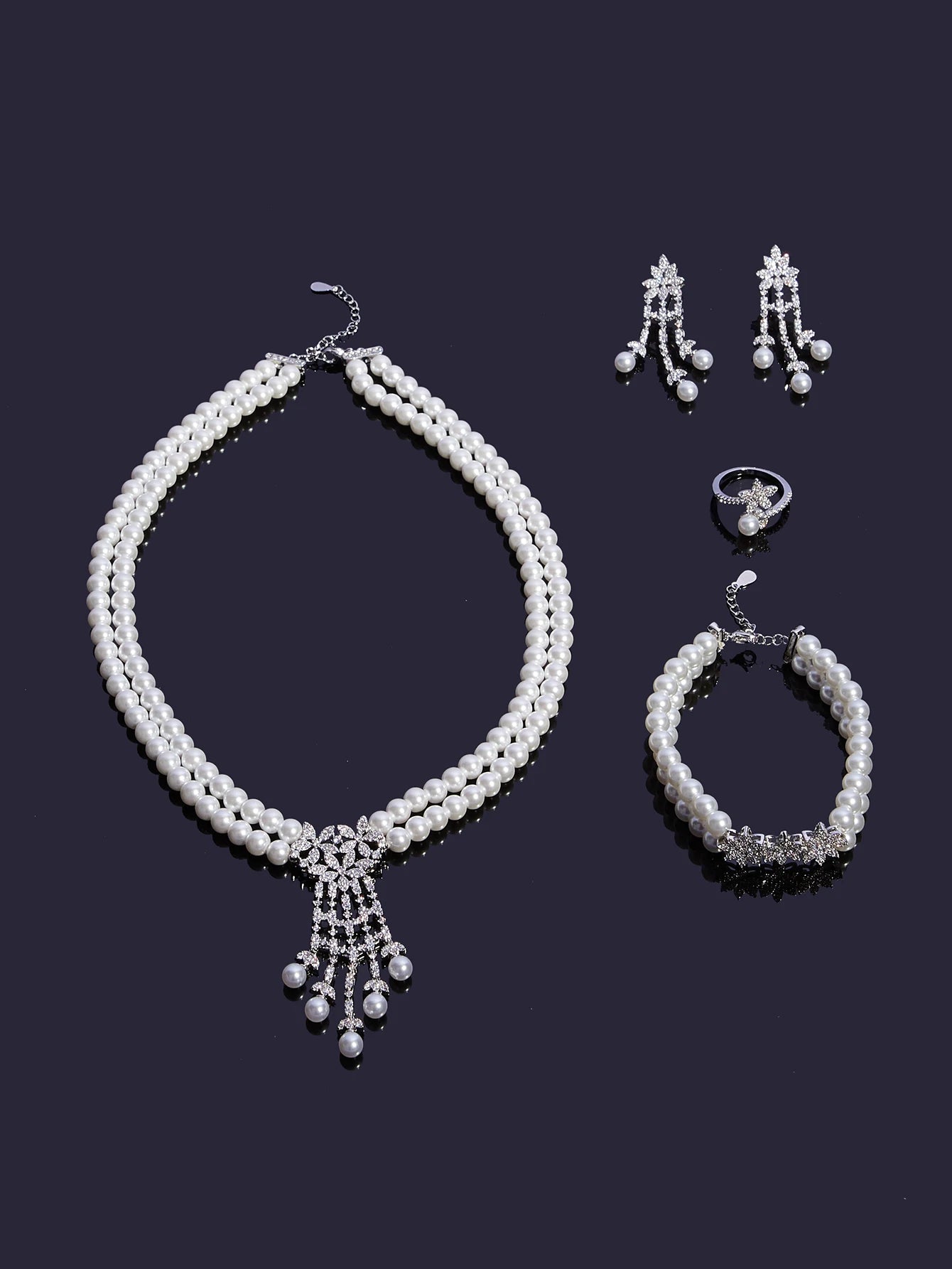 Pearl Tassel & Full Zircon Bridal Jewelry Set – Trendy Dubai-Inspired Necklace, Earrings, Bracelet & Ring for Women | Wedding & Party Gift