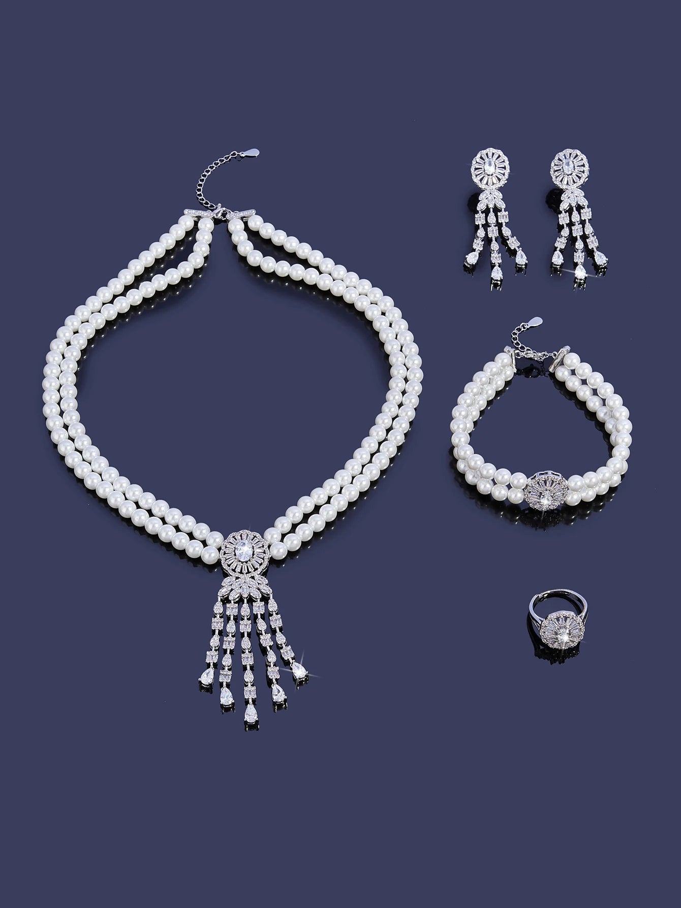 Pearl Tassel & Full Zircon Bridal Jewelry Set – Trendy Dubai-Inspired Necklace, Earrings, Bracelet & Ring for Women | Wedding & Party Gift