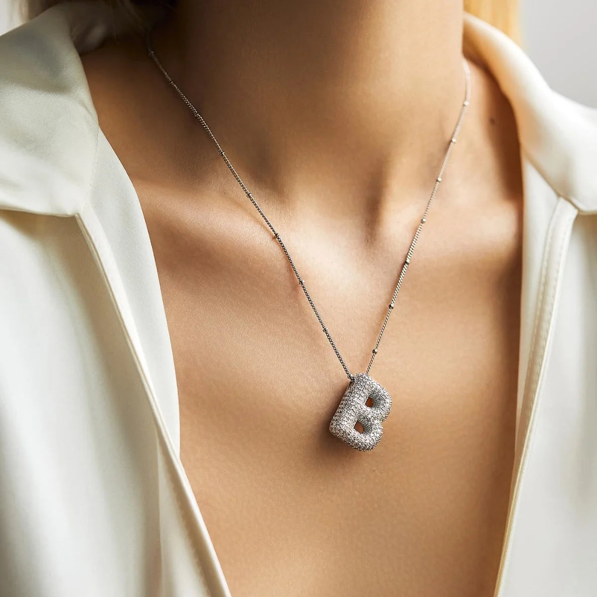 925 Sterling Silver Bubble Initial Necklace – A-Z Balloon Pendant with VVS1 D Color Moissanite, 18K White Gold Plated