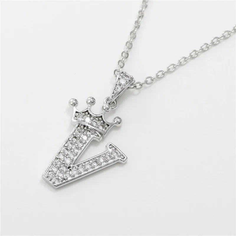 Crown Moissanite Alphabet Pendant Necklace – 925 Sterling Silver A-Z Initials with Gold Plating