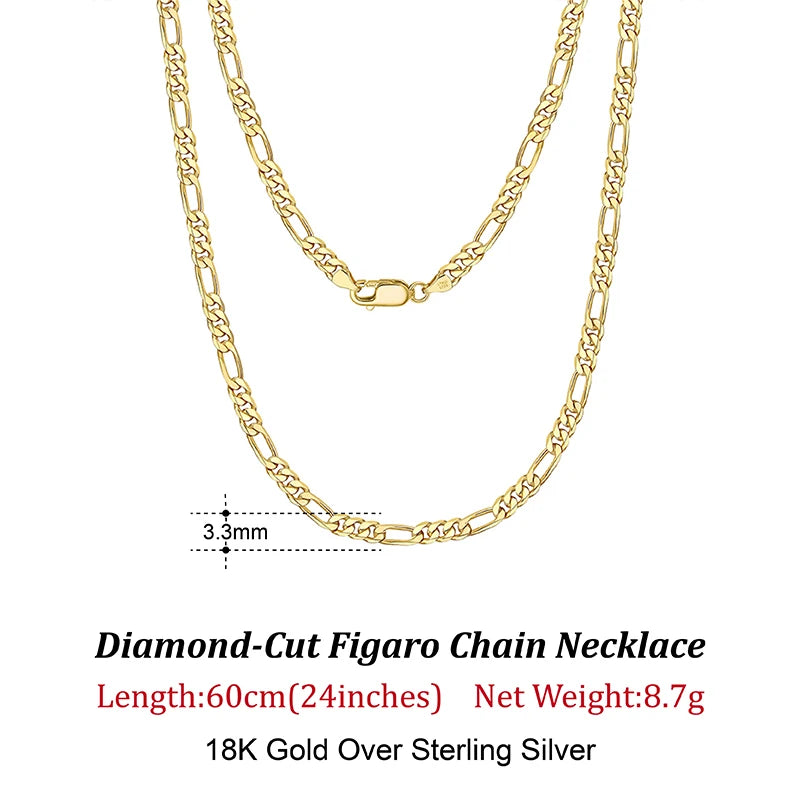 Dazzle Dime® 925 Sterling Silver Figaro Chain Necklace for Men & Women – 3.3mm/5mm/7mm | Rhodium/Gold Plated | Trendy Statement Jewelry