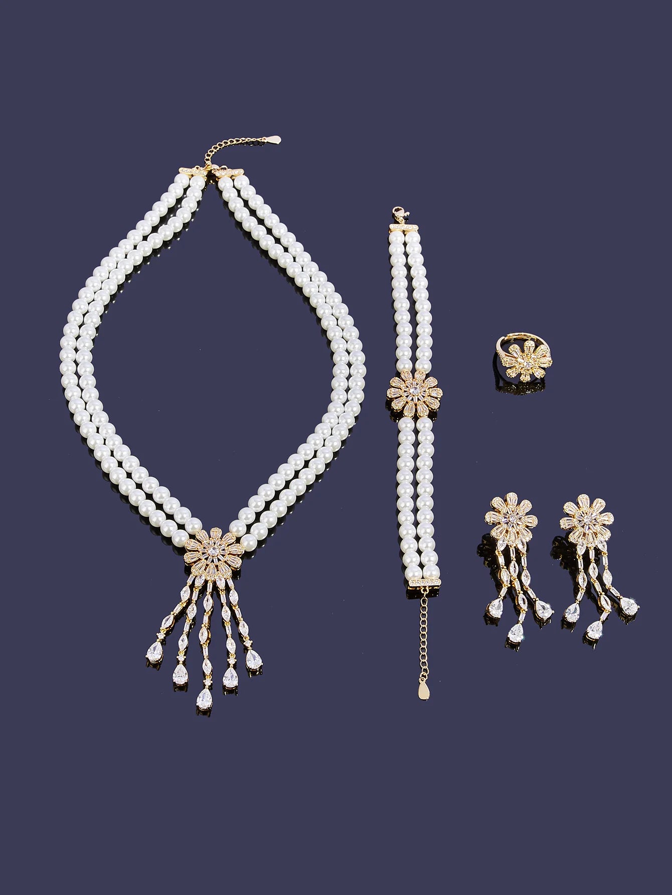Pearl Tassel & Full Zircon Bridal Jewelry Set – Trendy Dubai-Inspired Necklace, Earrings, Bracelet & Ring for Women | Wedding & Party Gift