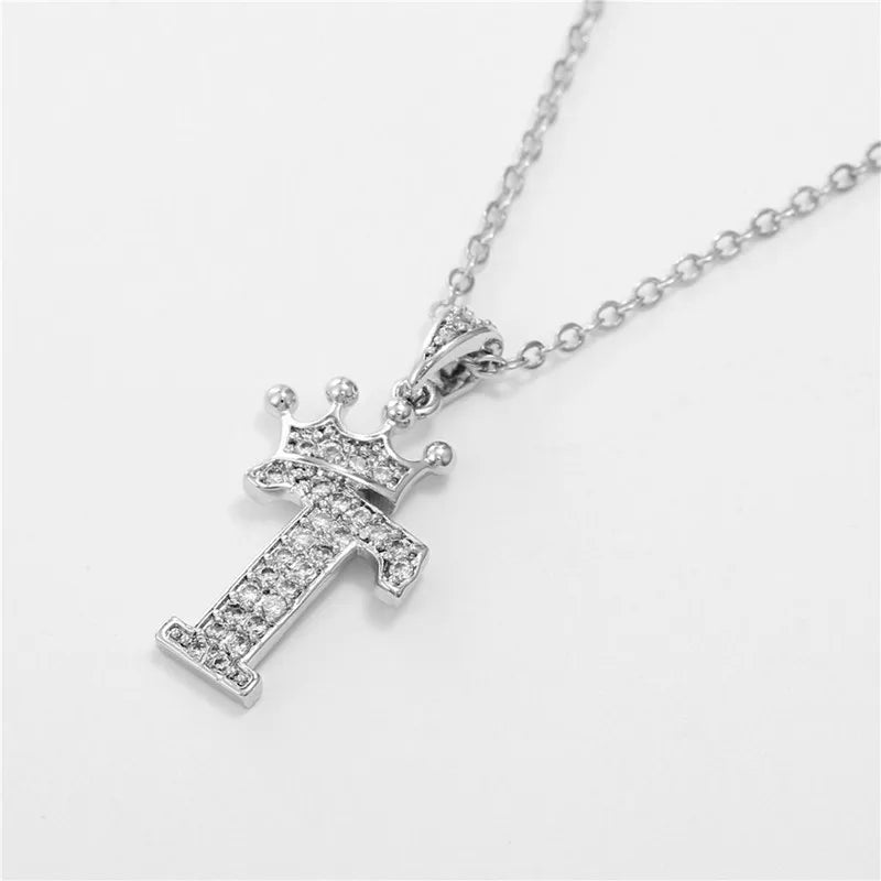 Crown Moissanite Alphabet Pendant Necklace – 925 Sterling Silver A-Z Initials with Gold Plating