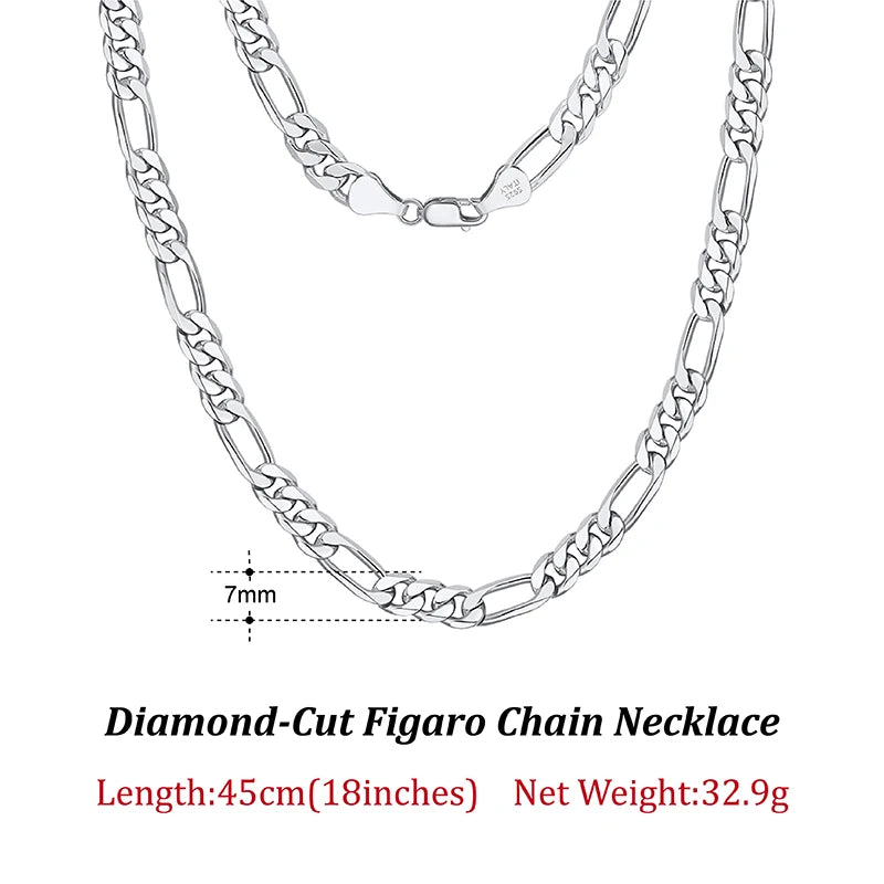 Dazzle Dime® 925 Sterling Silver Figaro Chain Necklace for Men & Women – 3.3mm/5mm/7mm | Rhodium/Gold Plated | Trendy Statement Jewelry