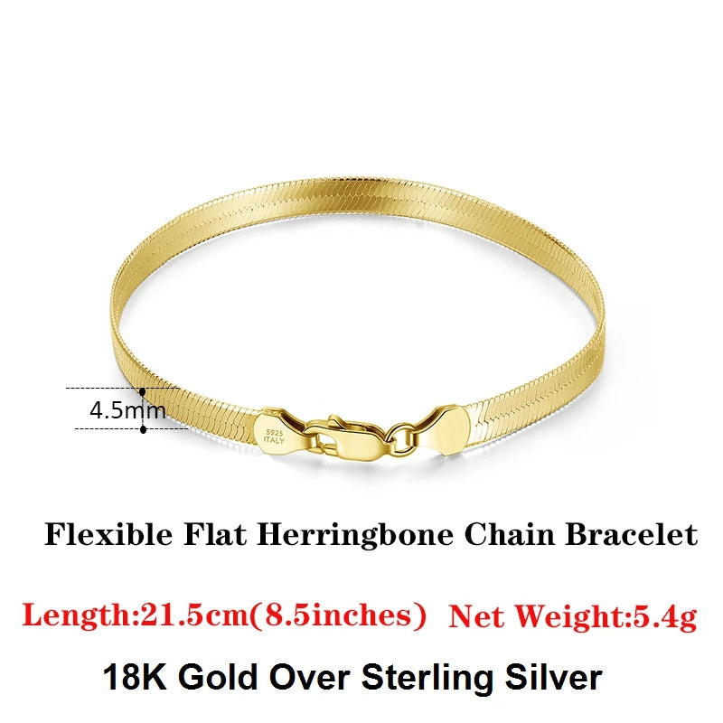 18K Gold Plated 925 Sterling Silver Italian 4.5mm Flexible Flat Herringbone Chain Bracelet