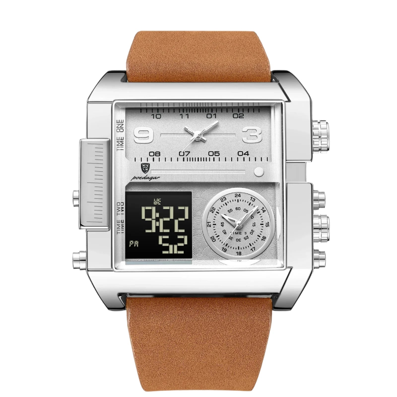 POEDAGAR Luxury Men's Wristwatch - Rectangle Waterproof Luminous Day Week Multifunction Digital Watch Quartz Reloj