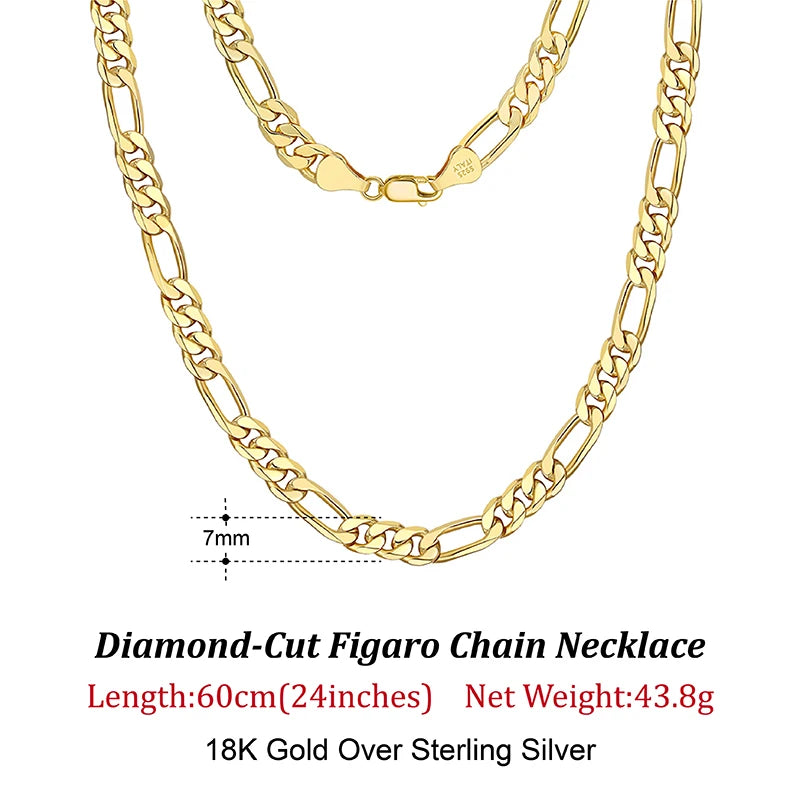 Dazzle Dime® 925 Sterling Silver Figaro Chain Necklace for Men & Women – 3.3mm/5mm/7mm | Rhodium/Gold Plated | Trendy Statement Jewelry