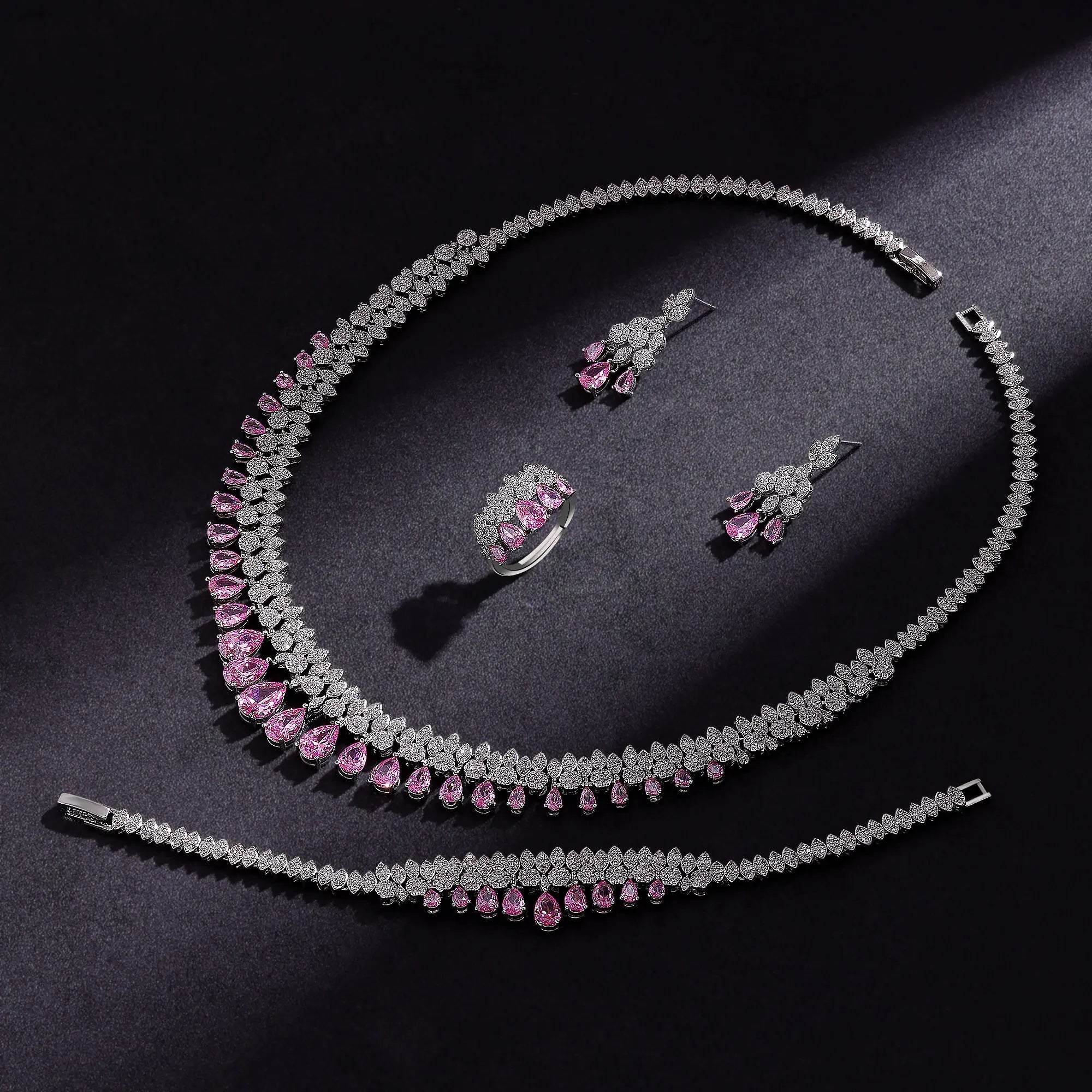 Brides Accessories Tassel Water Drop Necklace Earring - Luxury White Cubic Zirconia Bridal Jewelry Set 4Pcs Set for Wedding Party