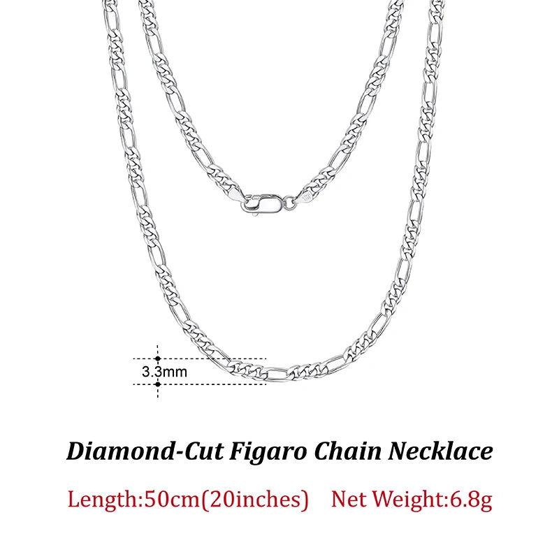 Dazzle Dime® 925 Sterling Silver Figaro Chain Necklace for Men & Women – 3.3mm/5mm/7mm | Rhodium/Gold Plated | Trendy Statement Jewelry