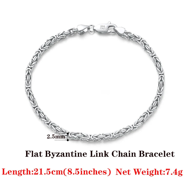 Luxury 925 Sterling Silver Italian 2.5mm Flat Byzantine Link Chain Bracelet for Women