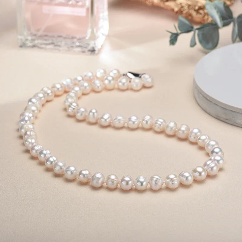 Dazzle Dime® Baroque White Freshwater Pearl Necklace – 925 Sterling Silver, 8–10MM Cultured Pearls, Elegant Gift for Women