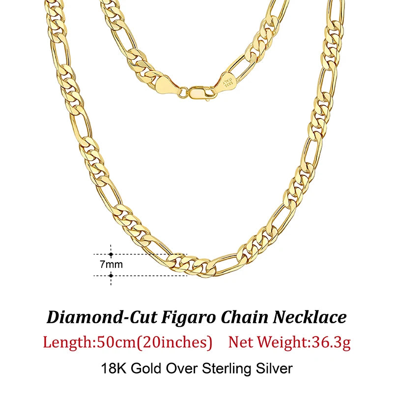 Dazzle Dime® 925 Sterling Silver Figaro Chain Necklace for Men & Women – 3.3mm/5mm/7mm | Rhodium/Gold Plated | Trendy Statement Jewelry