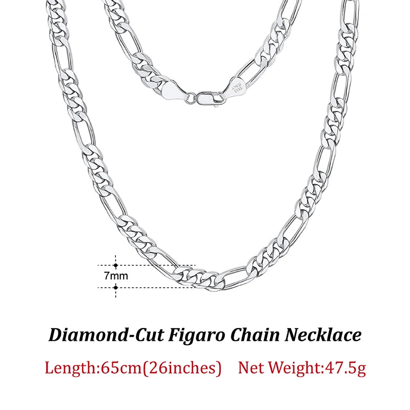 Dazzle Dime® 925 Sterling Silver Figaro Chain Necklace for Men & Women – 3.3mm/5mm/7mm | Rhodium/Gold Plated | Trendy Statement Jewelry