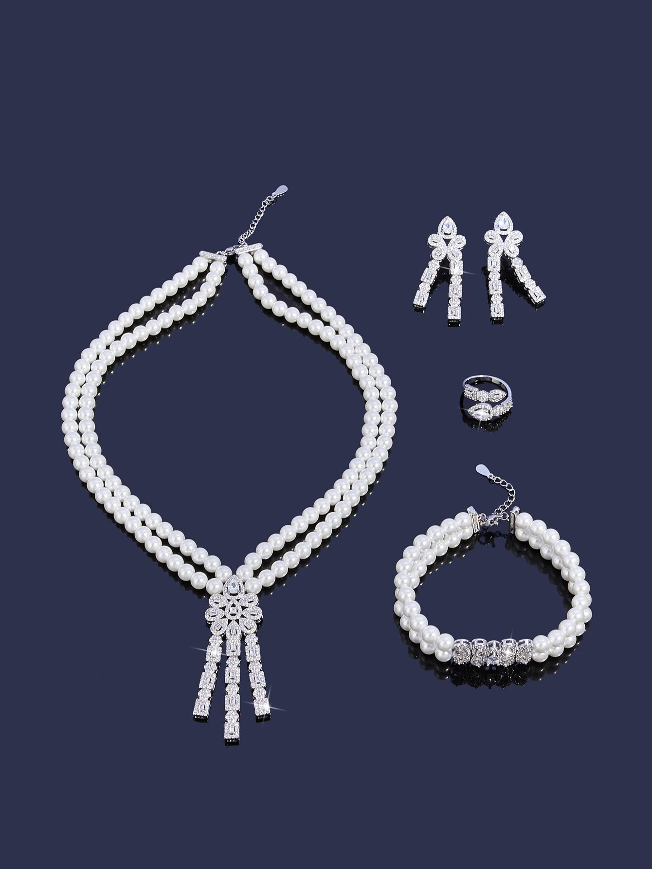 Pearl Tassel & Full Zircon Bridal Jewelry Set – Trendy Dubai-Inspired Necklace, Earrings, Bracelet & Ring for Women | Wedding & Party Gift