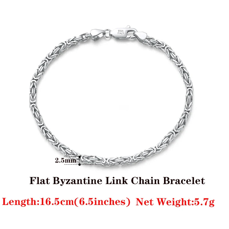 Luxury 925 Sterling Silver Italian 2.5mm Flat Byzantine Link Chain Bracelet for Women