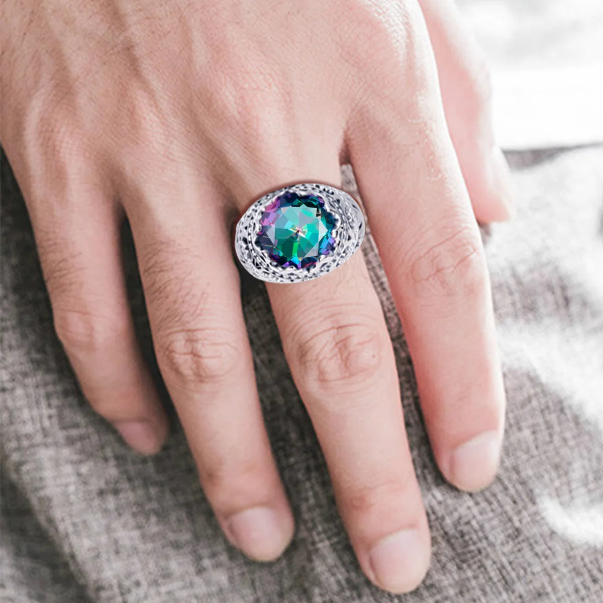 Dazzle Dime® Vintage Mystic Topaz Ring for Men | Genuine 925 Sterling Silver Round Cut Gemstone